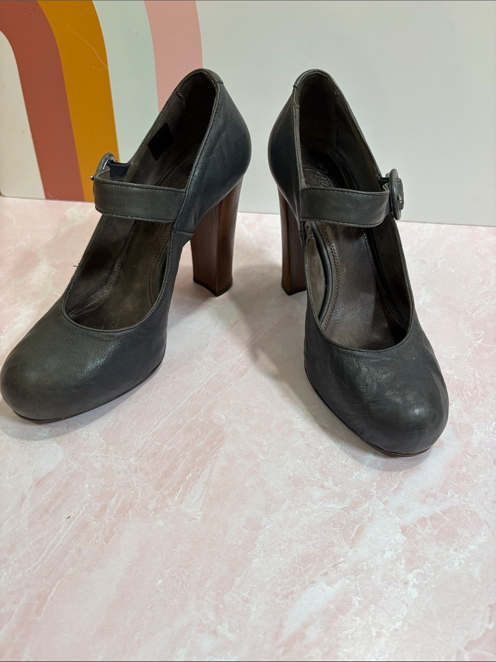 Joie Charcoal Gray Mary Jane High Block Hidden Platform Heel Pumps 38/US 8 - Picture 3 of 9